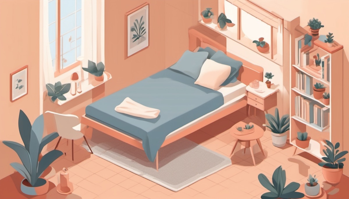 ベッドやデスクを配置したワンルームのイラスト